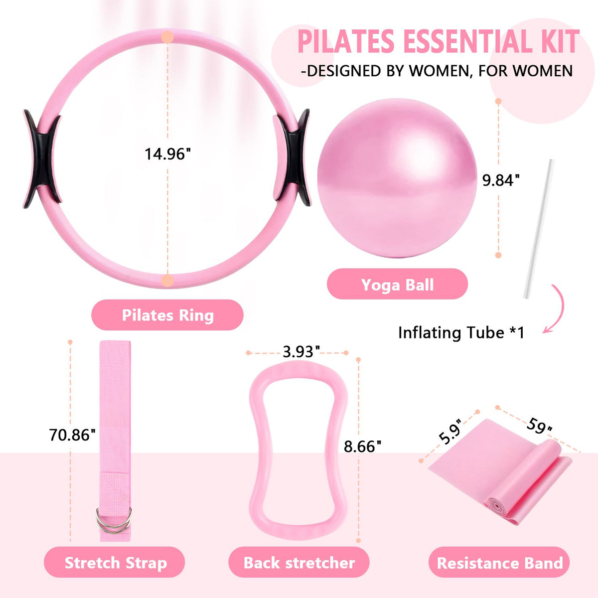 Merryhome 5‑in‑1 Pilates Ring Set – 15" Pilates Ring, 9.8" Mini Ball, 70" Stretch Strap, Resistance Band, NBR Material, Home Workout Kit for Women
