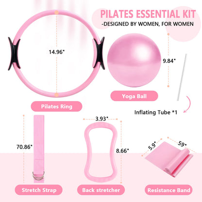 Merryhome 5‑in‑1 Pilates Ring Set – 15" Pilates Ring, 9.8" Mini Ball, 70" Stretch Strap, Resistance Band, NBR Material, Home Workout Kit for Women