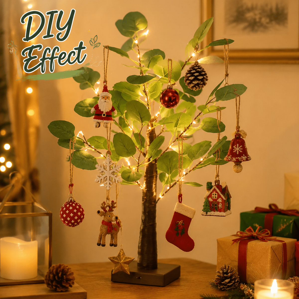 PUCACHI 2FT Lighted Faux Eucalyptus Tree, 35 Warm White LED Lights, Flexible Branches, 4H/6H/8H Timer, USB or Battery Powered for Tabletop Home Decor