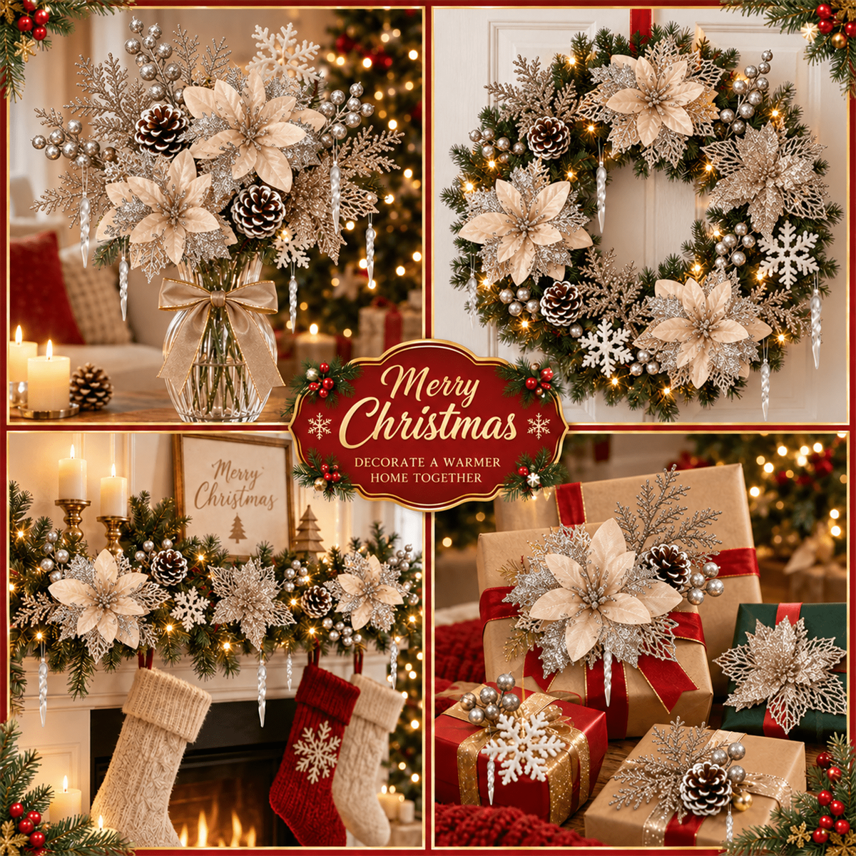 PUCACHI 92Pcs Christmas Tree Decorations Set with Poinsettia Christmas Flowers, Glitter Berry Stems, Snowflakes, Pine Cones and Icicle Drop Crystal Ornaments, Champagne