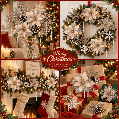 PUCACHI 92Pcs Christmas Tree Decorations Set with Poinsettia Christmas Flowers, Glitter Berry Stems, Snowflakes, Pine Cones and Icicle Drop Crystal Ornaments, Champagne