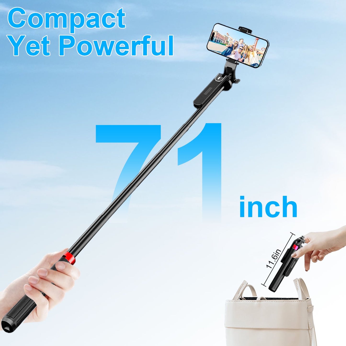 71" Phone Tripod with Bluetooth Remote – 4-Leg Stable Stand, 360° Rotation, Extendable 1.8M Aluminum Pole, Selfie Stick for iPhone & Android