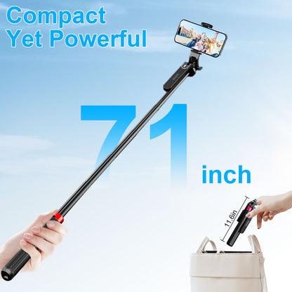 71" Phone Tripod with Bluetooth Remote – 4-Leg Stable Stand, 360° Rotation, Extendable 1.8M Aluminum Pole, Selfie Stick for iPhone & Android