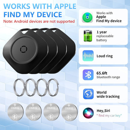 Bluetooth Tracker Tag 4-Pack – Smart Key Finder & Luggage Locator with Replaceable Battery, for Wallet, Suitcase, Car, Black