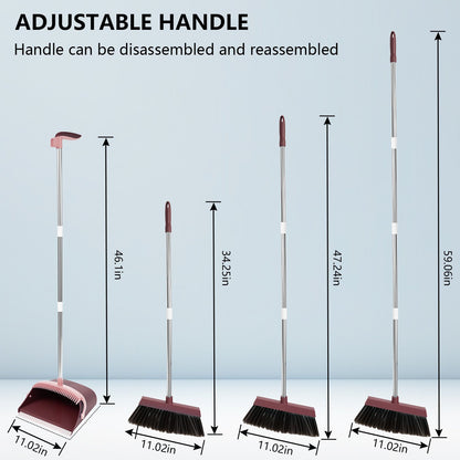 Broom and Dustpan Set with Self-Cleaning Teeth, Adjustable 51.2-inch Handle, Upright Dustpan, Durable Bristles – Purple Cleaning Kit for Home, Kitchen, Office & Pet Hair