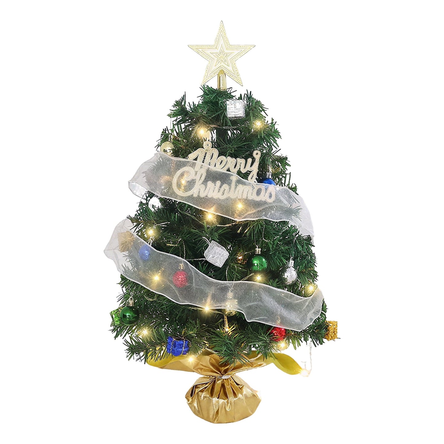 Mini Tabletop Christmas Tree Kit with LED Lights, Ornaments, Gift Boxes & Star Topper – Battery Operated Holiday Decor for Home & Office