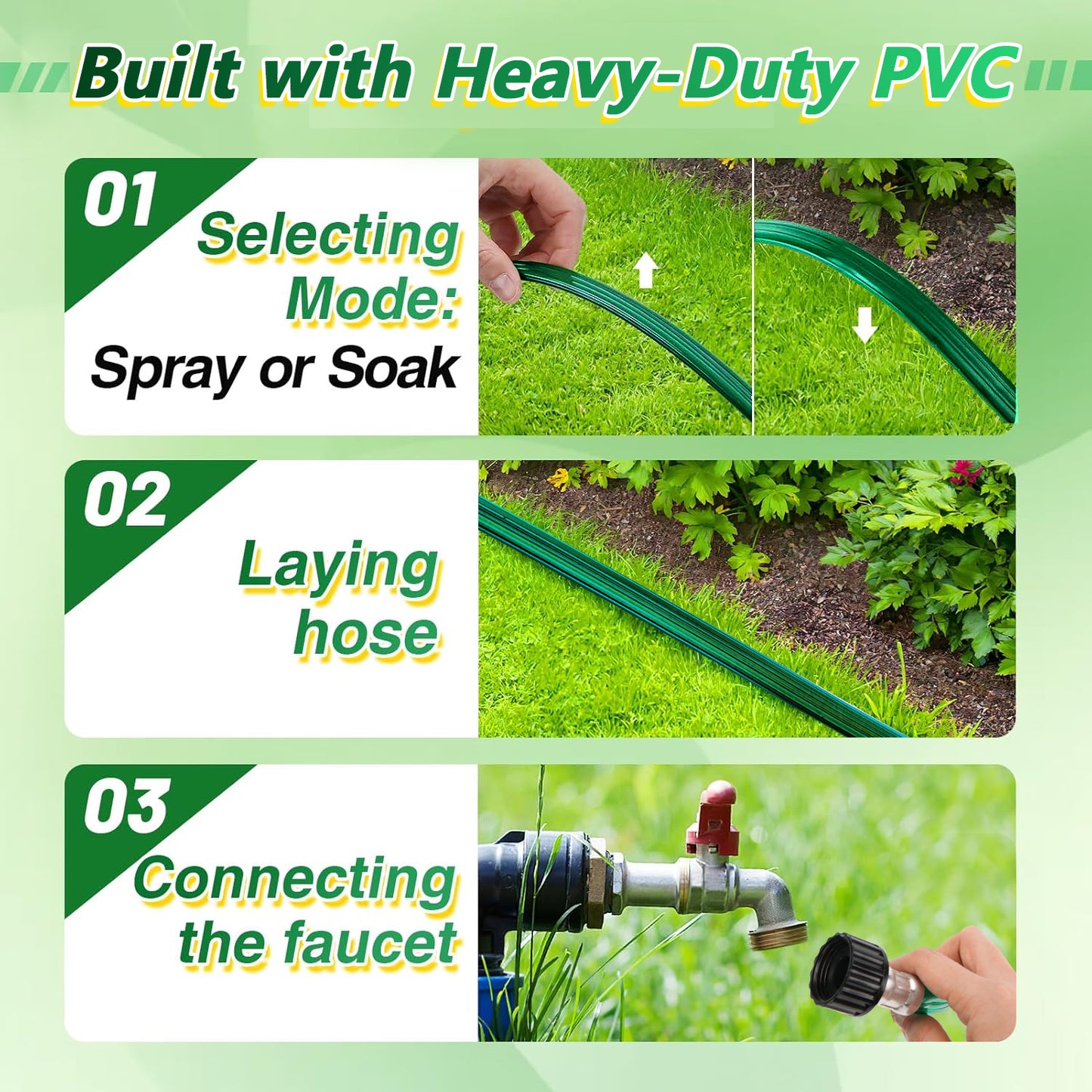 PUCACHI Soaker Hose 50ft Garden Irrigation Hose, Heavy Duty 3-Row Drip Hose with Even Water Distribution, Water Saving Lawn and Garden Watering System
