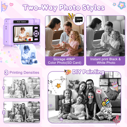 Teblint 2.4" Kids Camera Instant Print, 48MP & 1080P HD Digital Camera with 32GB Card, 4-Color Print Paper, Christmas Birthday Gifts for Boys & Girls Age 3-12, Purple