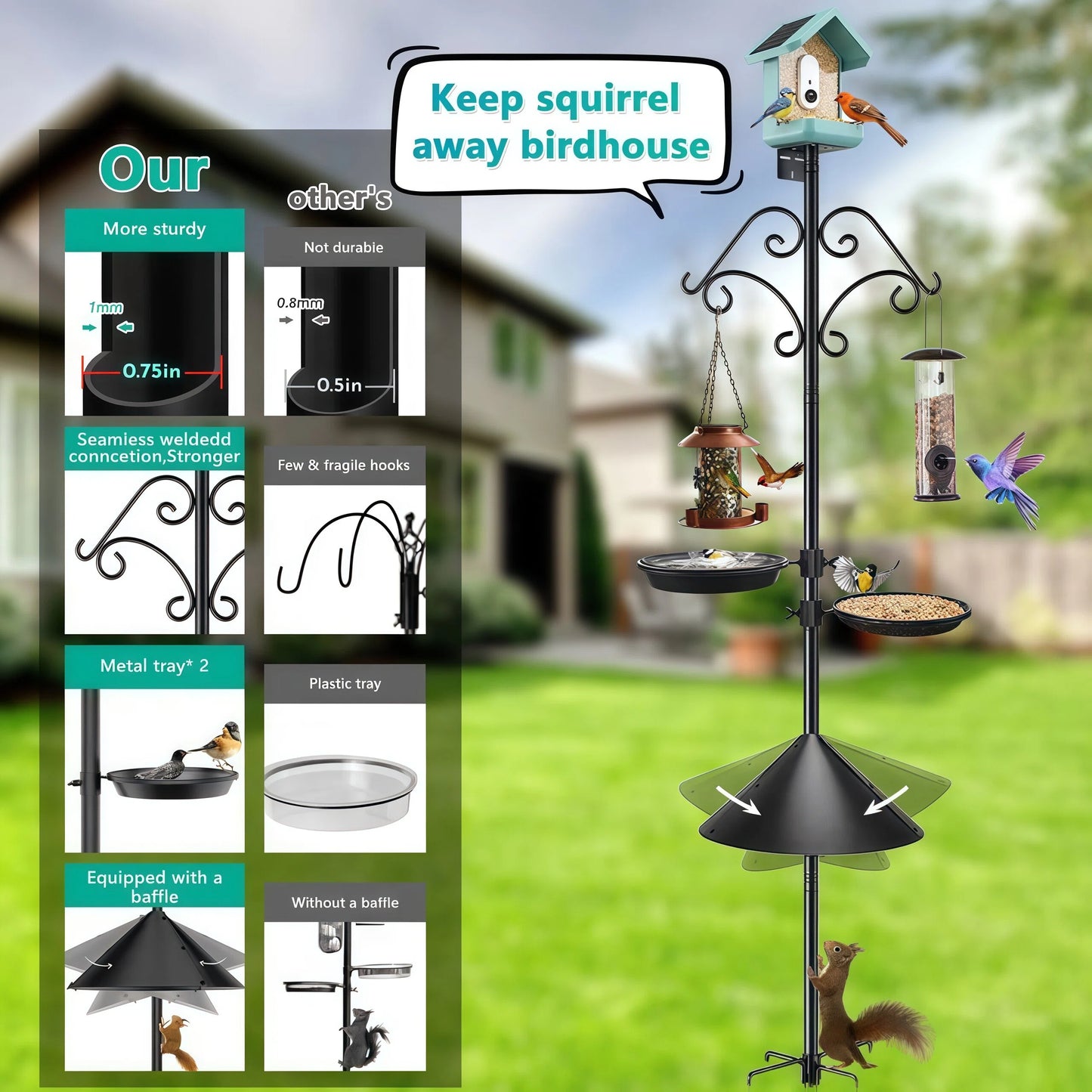 Teblint 92" Bird Feeding Station, Heavy Duty Bird Feeder Pole Bird House Stand Mount Kit with Squirrel Proof Baffle Shepherd Hooks for Outdoor, Adjustable Feeder Stand for Attracting Wild Birds