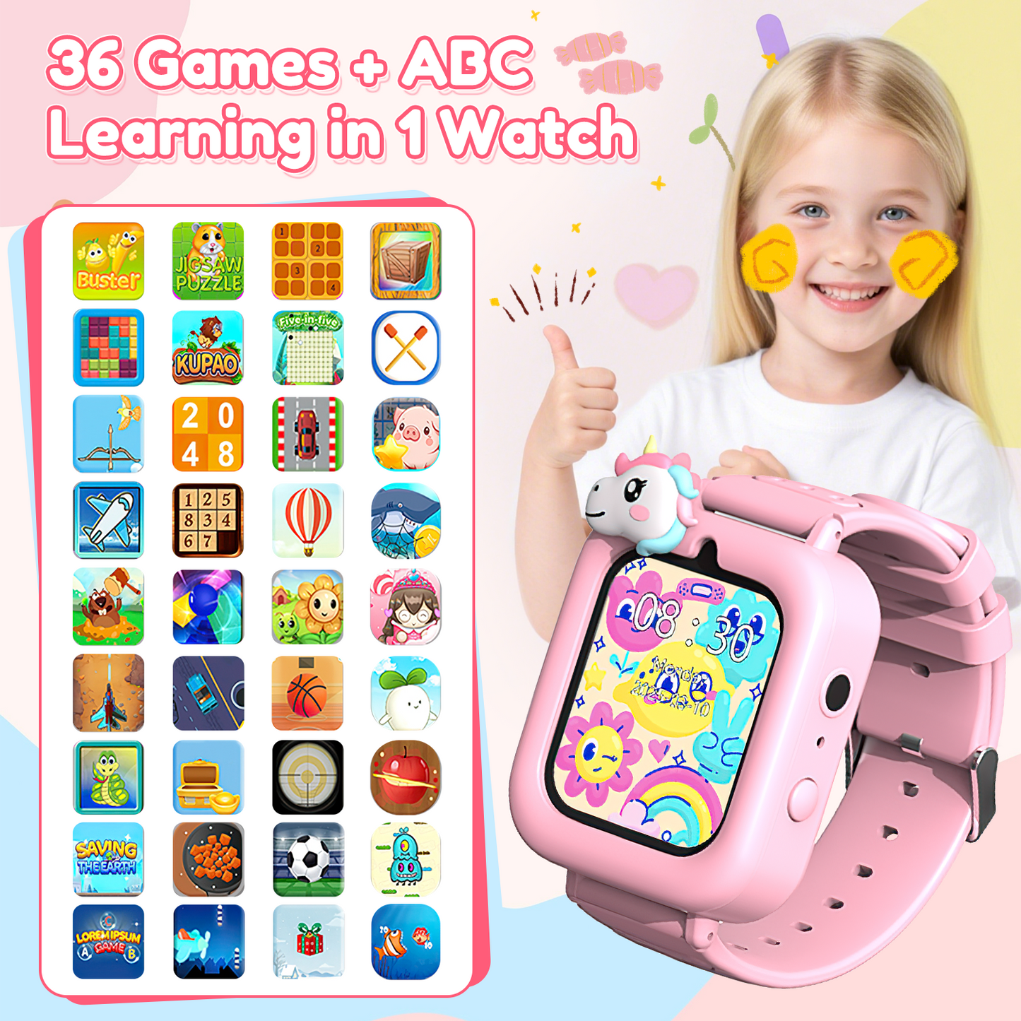 Henotian 1.83" Kids Smart Watch for Girls HD Touch Screen with 39 Educational Games, Camera, Pedometer, Alarm Clock, ABC Learning, Music Player, Birthday Gift for Boys Girls Ages 5-12