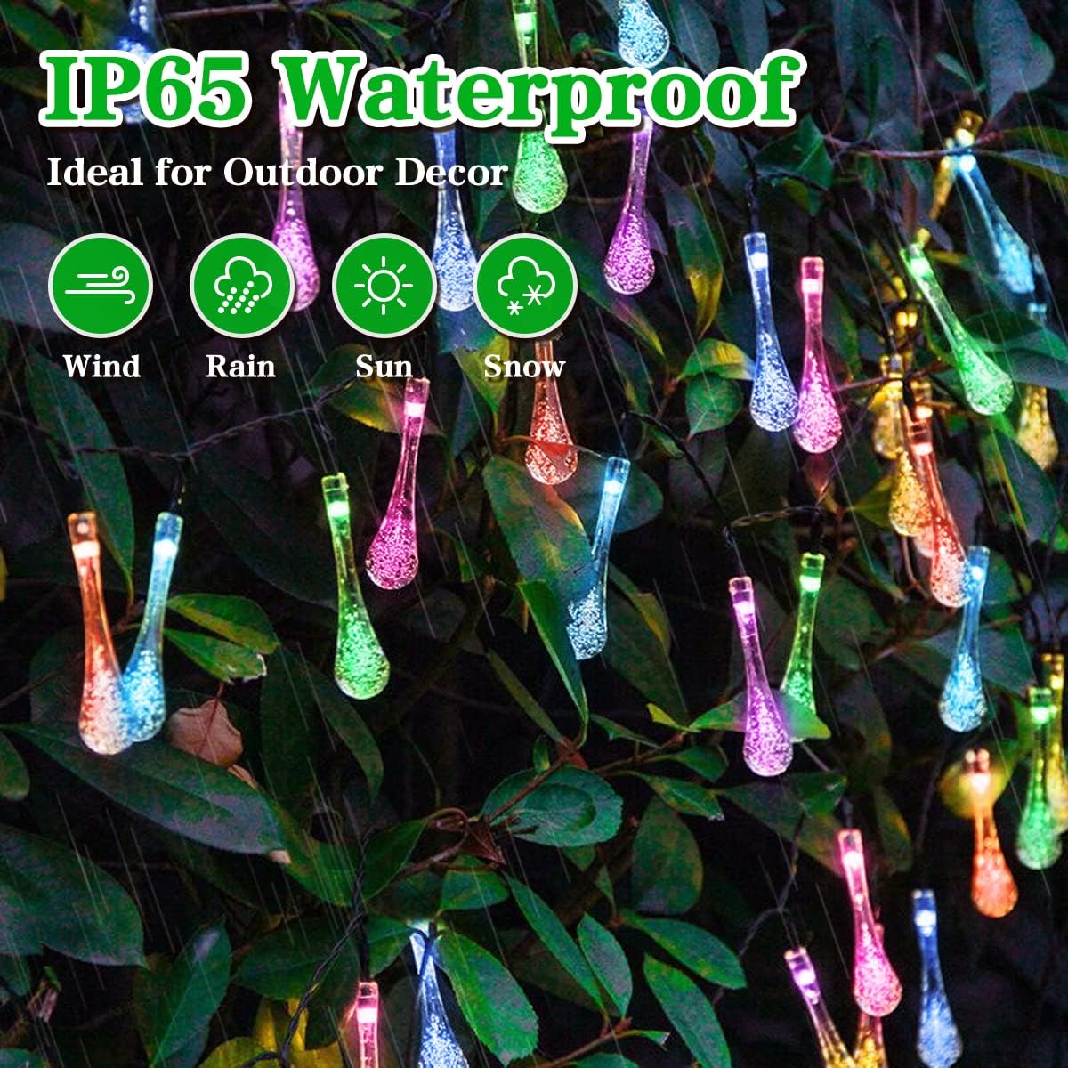 WHATOOK Solar water droplet string light, 16.4 feet 20 LED Solar string Lights Outdoor,Waterproof Solar Garden Light for Garden, Patio, Yard, Home, Parties with 8 modes , Multi Color