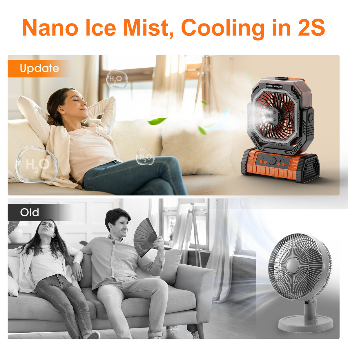 Merryhome 10000mAh Camping Misting Fan,Oscillating Camping Fan with Light,Rechargeable Fan with 9oz Water Tank,4 Speed & 4 Timer Settings Outdoor Fan for Camping（Orange）