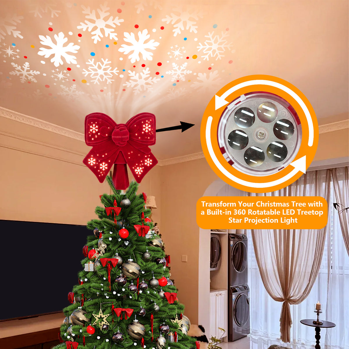 Christmas Tree Toppers Lighted, Christmas Butterfly Tree Topper with Built-in LED Rotating Lights, 3D Glitter Projection for Xmas Party Holiday Decorations