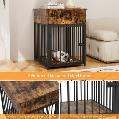 Wooden Dog Kennel End Table, Decorative Dog Cage Table with Drawer, Indoor Pet Crate End Table for Small Dog, Iron-Tube Dog Cage, Chew-Proof, Walnut