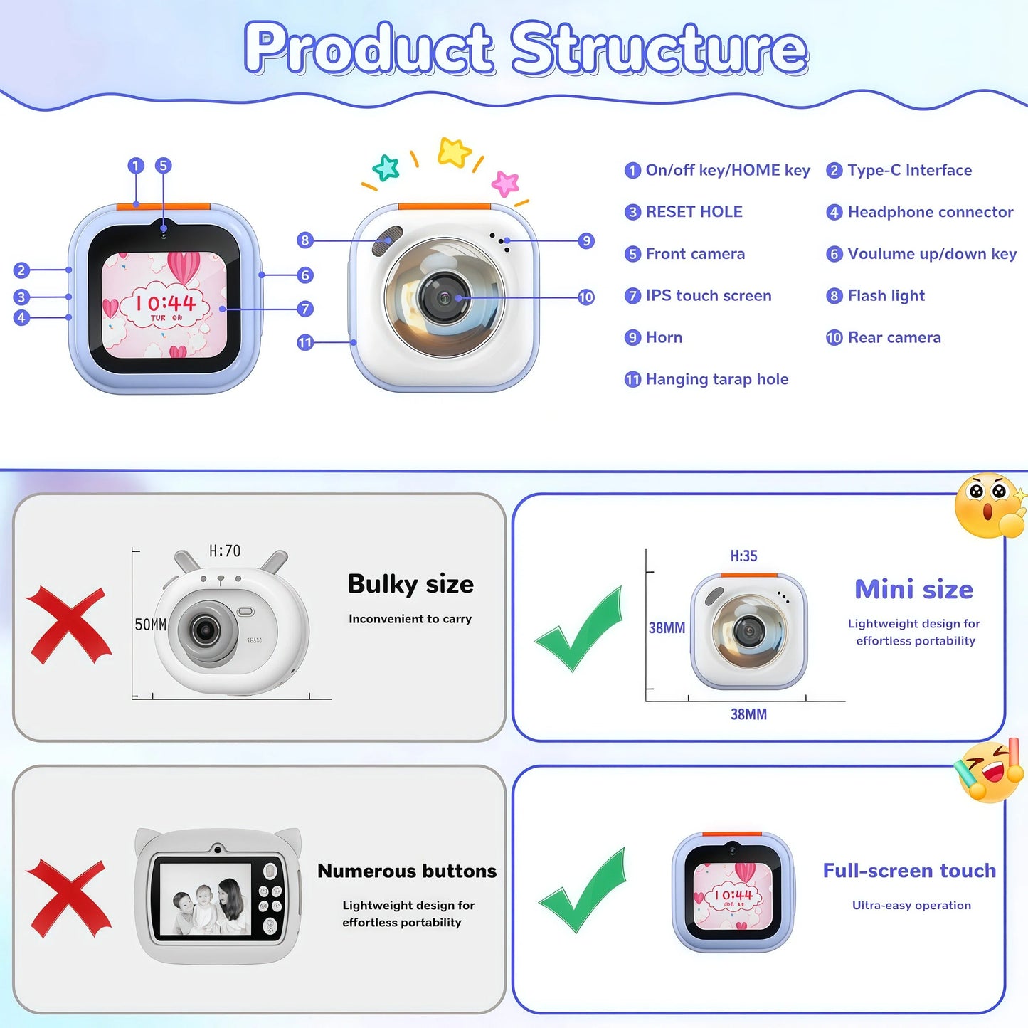 Teblint Mini Kids Camera with Virtual Pet & Learning Apps, 1.8" Touchscreen Kids Digital Camera, Educational Toy with Stories, Games, Christmas Birthday Gift for Boys Girls Age 3-12, Pink