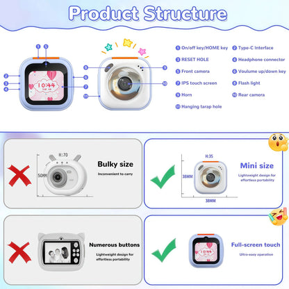 Teblint Mini Kids Camera with Virtual Pet & Learning Apps, 1.8" Touchscreen Kids Digital Camera, Educational Toy with Stories, Games, Christmas Birthday Gift for Boys Girls Age 3-12, Pink