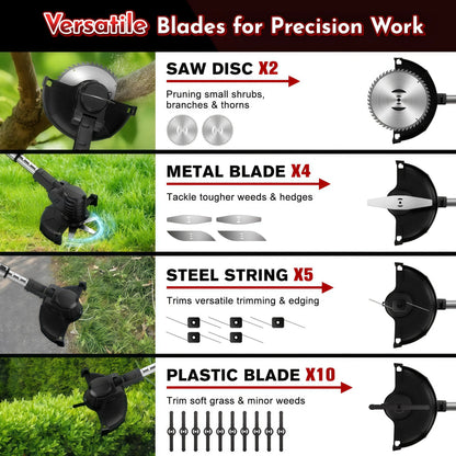 Teblint 650W Electric Weed Wacker, Cordless String Trimmer, Weed Eater Grass Trimmer/Edger/Cutter with Wheels, 2Pcs 21V Batteries, 5 Types of Blades, Adjustable Length for Lawn Yard Garden (Black)