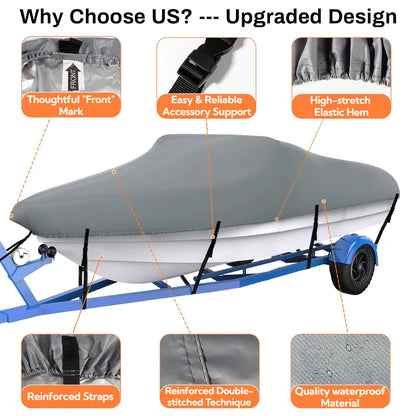 Teblint Waterproof Boat Cover, 17-19ft Trailerable Boat Cover, 420D Heavy Duty Oxford Mooring Cover for V-Hull Boat Runabouts with 5 Straps, Storage Bag (Gray)