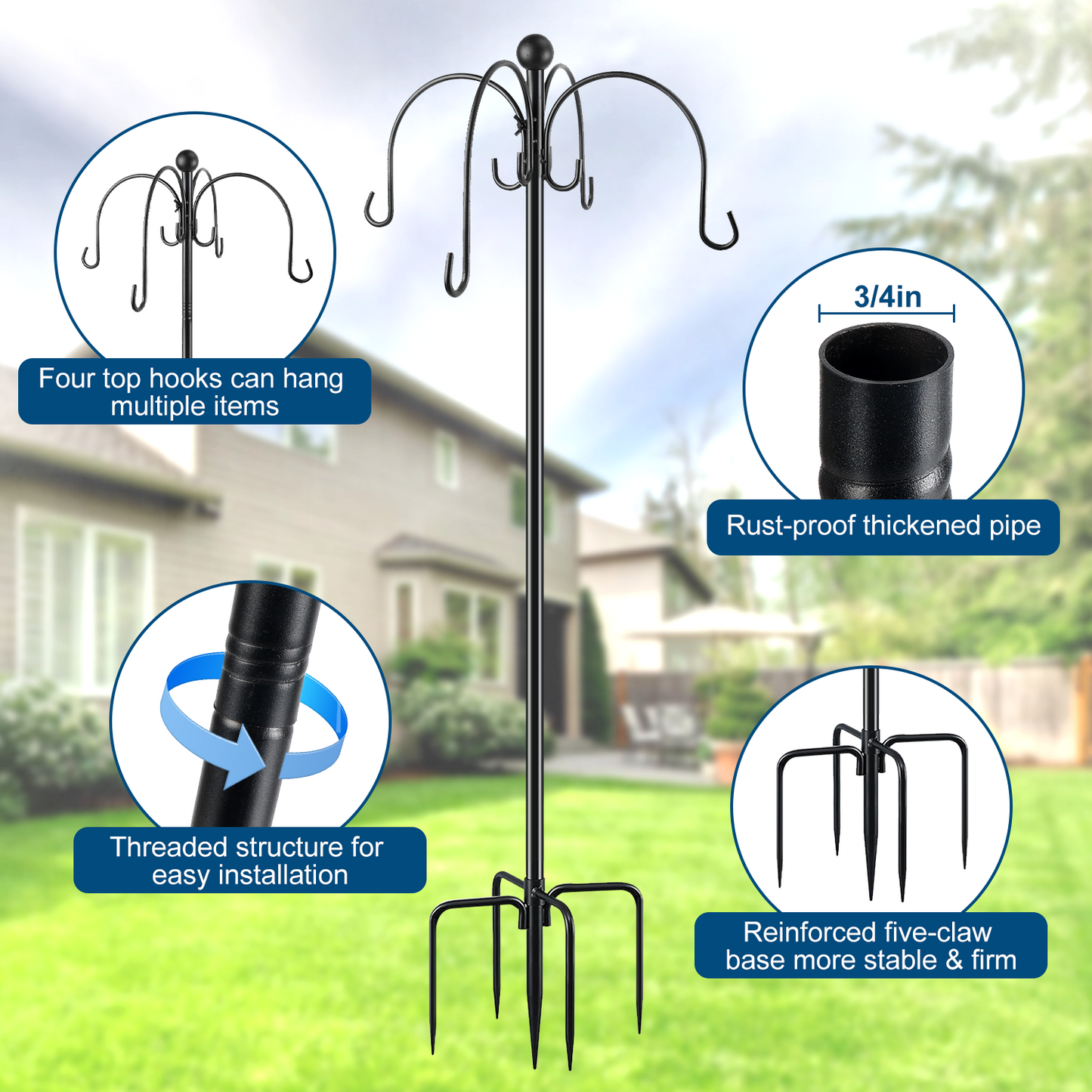 Teblint 88" Heavy Duty Shepherds Hooks for Outdoor, 4-Hook Adjustable Bird Feeder Pole with Reinforced 5-Prong Base, Garden Hanger Stand for Bird Feeders, Hanging Plants, Solar Lights & Lanterns
