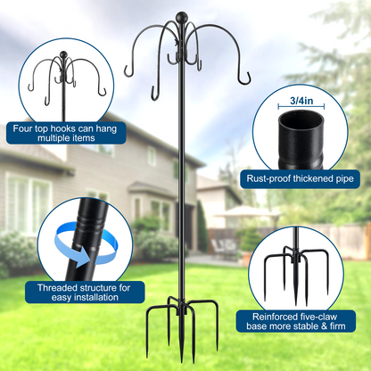 Teblint 88" Heavy Duty Shepherds Hooks for Outdoor, 4-Hook Adjustable Bird Feeder Pole with Reinforced 5-Prong Base, Garden Hanger Stand for Bird Feeders, Hanging Plants, Solar Lights & Lanterns