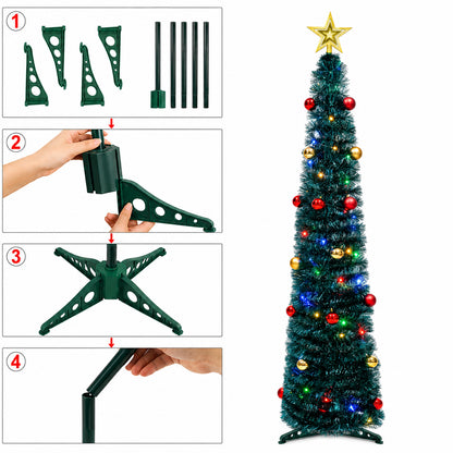 PUCACHI Pop Up Christmas Tree with Lights & 30 Balls,5Ft Collapsible Christmas Tree,Green Artificial Tinsel Pencil Xmas Trees for Indoor Home Office Party Christmas Decorations