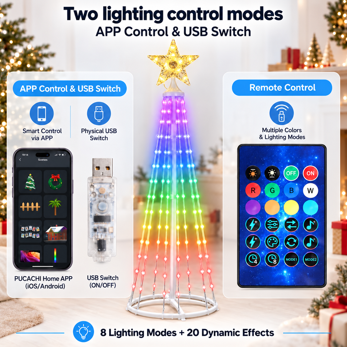 PUCACHI Outdoor Christmas Tree Lights 8Ft, 8 Modes Timer Remote RGB Christmas Tree Lights with Star Topper for Xmas Yard Porch Patio Holiday Decor