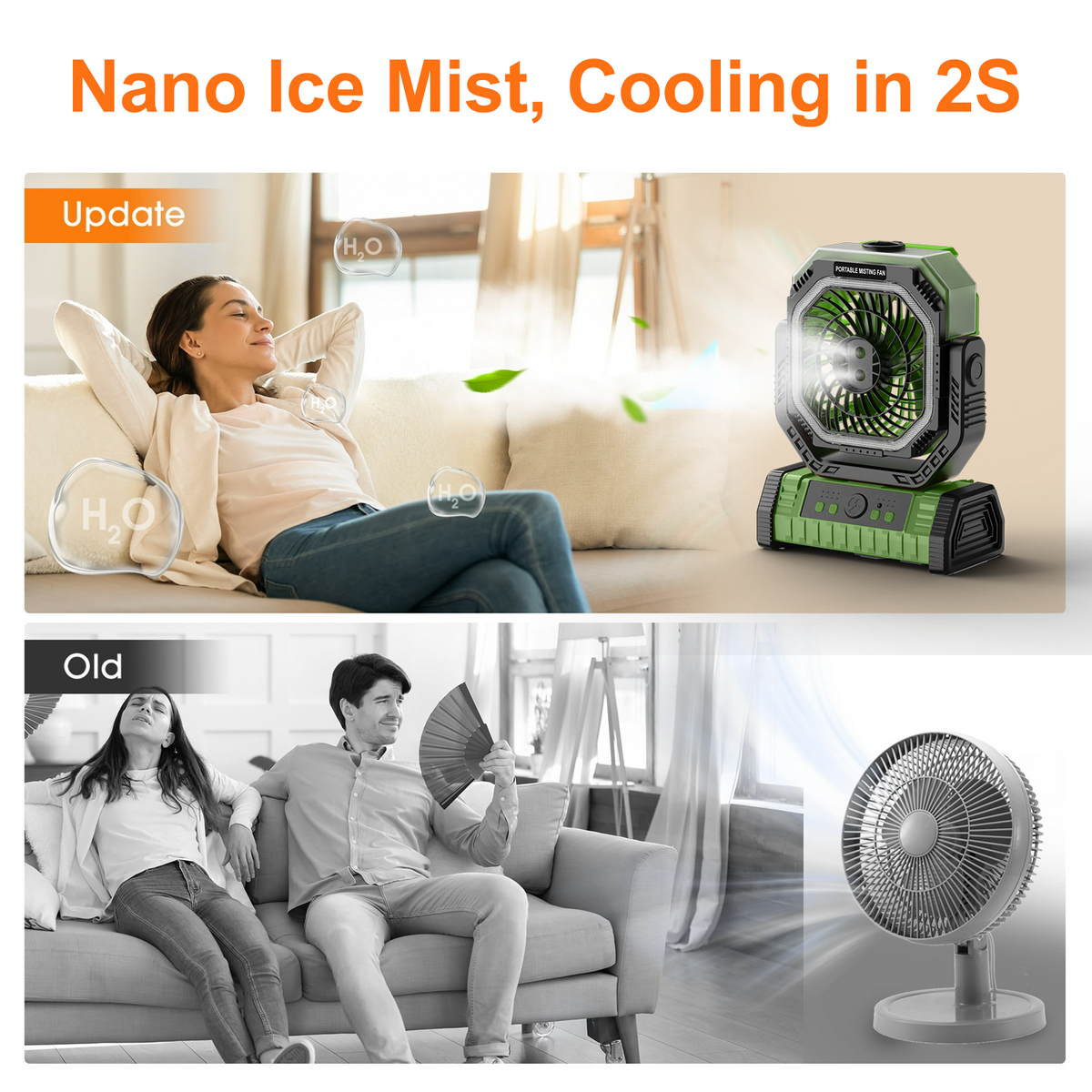 Merryhome 10000mAh Portable Camping Misting Fan,Oscillating Camping Fan with Light,Rechargeable Fan with 9oz Water Tank,4 Speed & 4 Timer Settings Outdoor Fan for Camping（Green） ﻿ ﻿