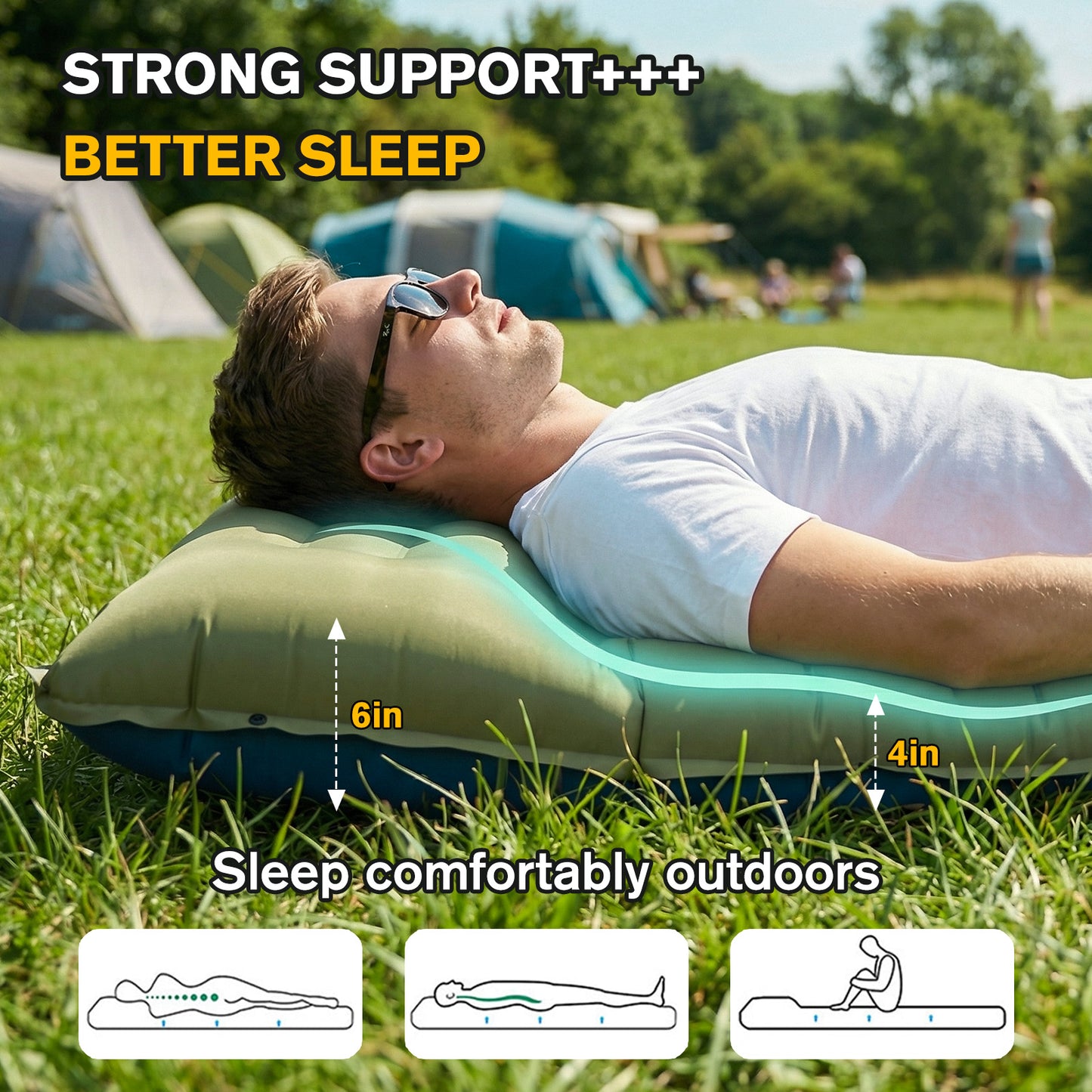 Merryhome Sleeping Mat for Camping,6" Extra-Thick Reinforced Sleeping Pad with Pillows & Built-in Foot Pump,Ultralight Self Inflating Air Mattress Mat for Tent Hiking Essentials Gear（Single,Green）