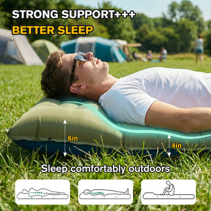 Merryhome Sleeping Mat for Camping,6" Extra-Thick Reinforced Sleeping Pad with Pillows & Built-in Foot Pump,Ultralight Self Inflating Air Mattress Mat for Tent Hiking Essentials Gear（Single,Green）