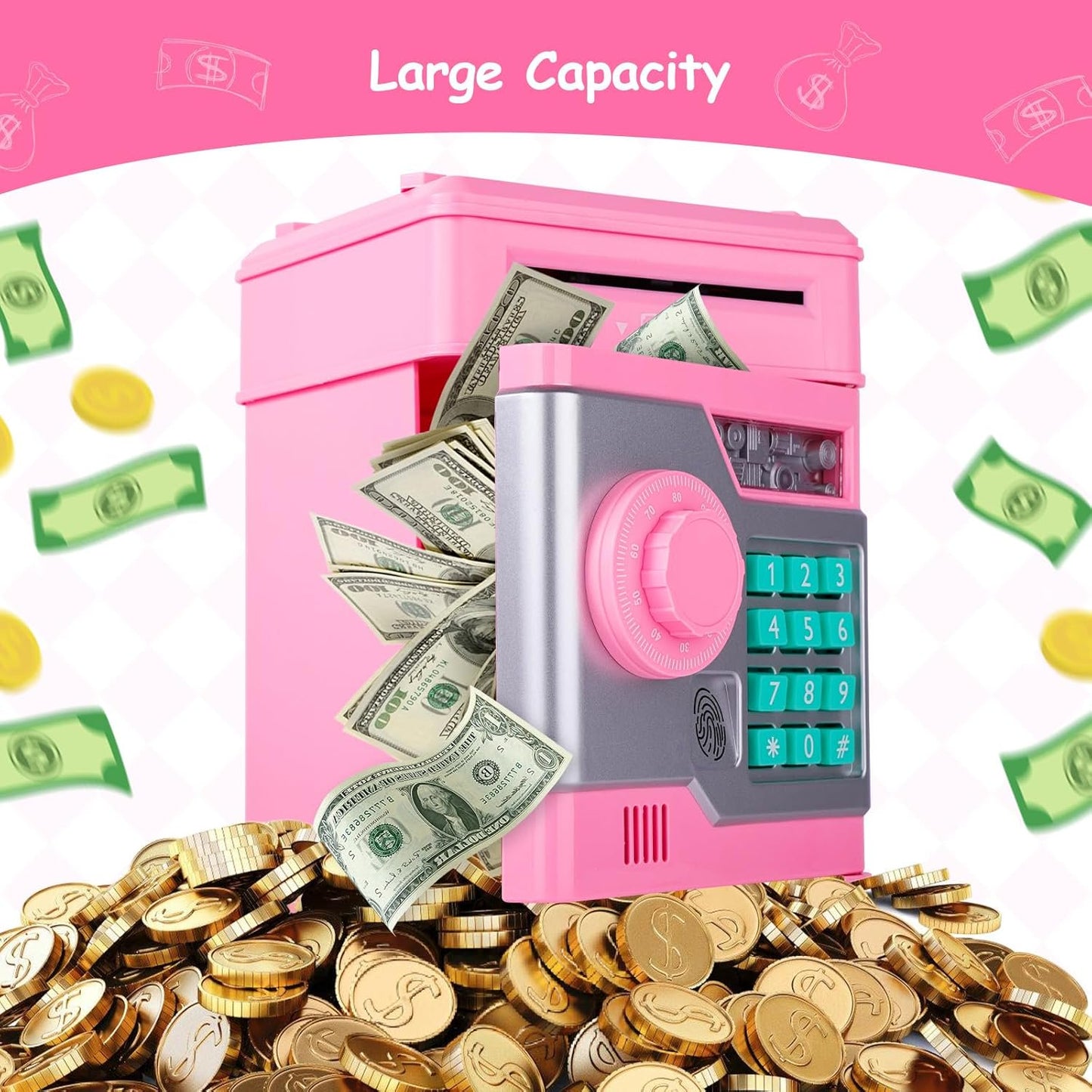 Teblint Piggy Bank for Kids, Electronic Money Bank, ATM Fingerprint Password Money Bank Cash Coins Saving Box with Auto Grab Bill Slot, Perfect Toy Gifts for Boys Girls, Pink