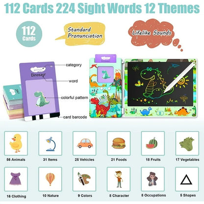 Dinosaur Style Talking Flash Cards for Toddlers 2-4 Years, 112 Flash Cards 224 Sight Words Speech Therapy Toys with LCD Writing Tablet, Talking Doodle Board Educational Learning Toys Gifts