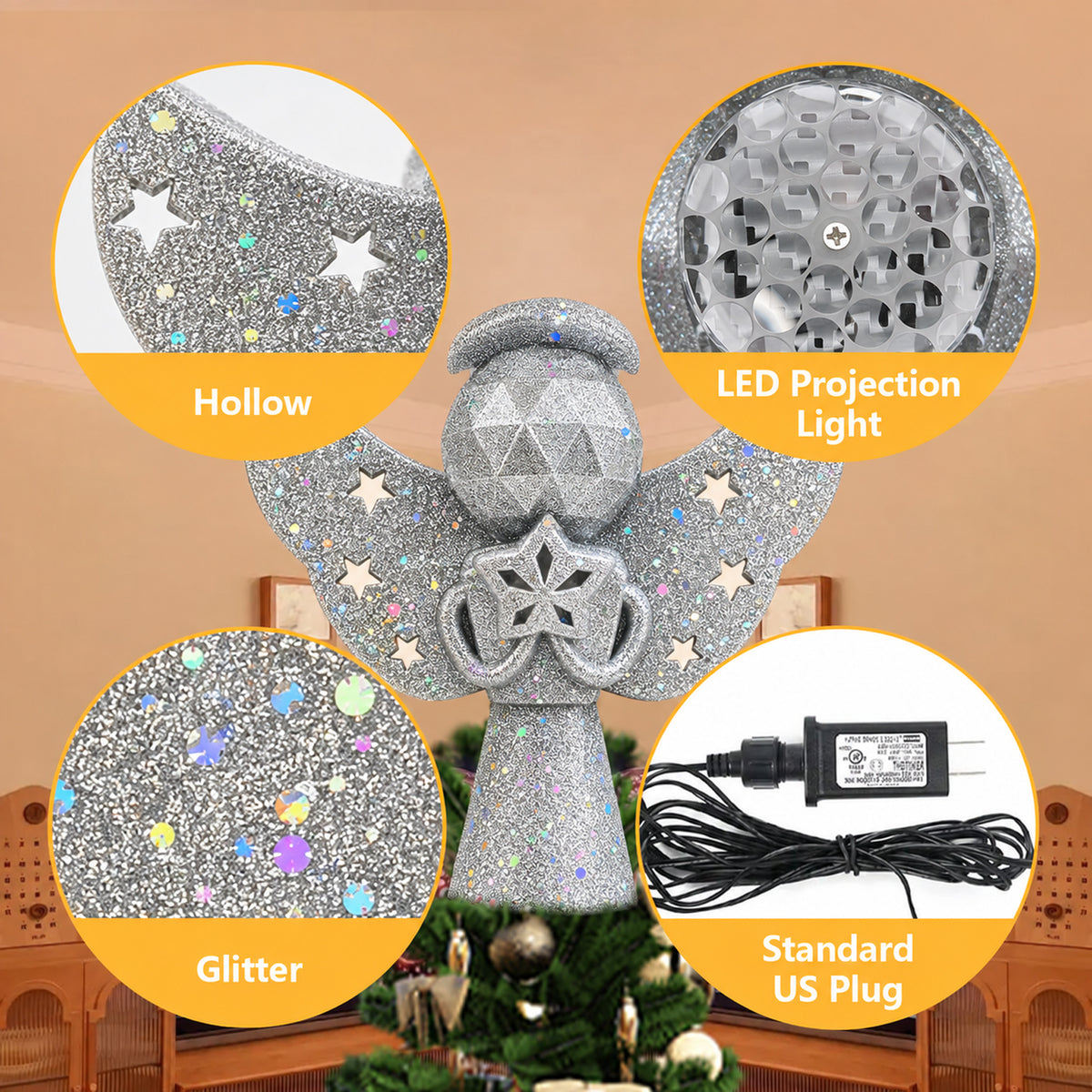 Christmas Tree Toppers Lighted, Christmas Angel Tree Topper with Built-in LED Rotating Lights, 3D Glitter Projection for Xmas Party Holiday Decorations