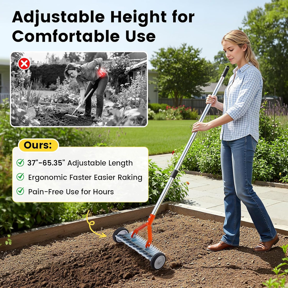 Merryhome Thatch Rake with Wheels,37-65.35'' Adjustable Dethatching Roller Rake,Adjustable 0-12° Angle Stainless Steel Blades Heavy Duty Dethatcher,21 Tines Garden Rake for Moss,Grass,Leaves,Debris(Orange)