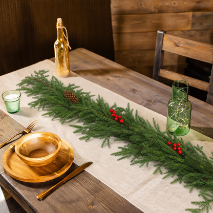 PUCACHI 2 Pcs 6 Ft Christmas Garland,Artificial Norfolk Pine Garlands with Red Berries Pinecone,Artificial Greenery Garland for Table,Mantle,Indoor,Outdoor Christmas Decorations（Green）