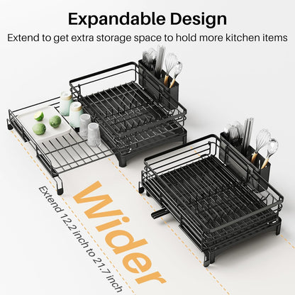 Teblint 2 Tier Dish Racks for Kitchen Counter, Expandable Dish Drying Rack with Dish Drainer, Detachable Dish Dryer for Kitchen Organizer, Rust-Resistant Dish Rack Drain Set with Utensil Holder