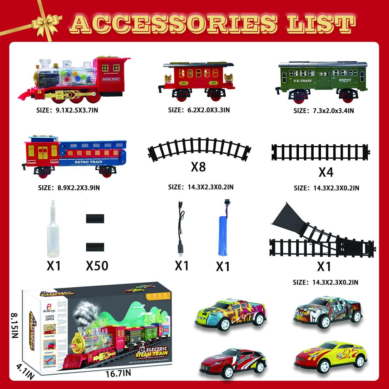 Christmas Train Set, Electric Train Toys with Smoke, Lights, Sounds, Rechargeable Toy Train Steam Locomotive with Cargo Cars & Tracks Christmas Birthday Toy Train Gifts for Age 3-7 Kids