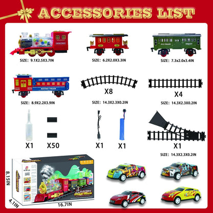 Christmas Train Set, Electric Train Toys with Smoke, Lights, Sounds, Rechargeable Toy Train Steam Locomotive with Cargo Cars & Tracks Christmas Birthday Toy Train Gifts for Age 3-7 Kids