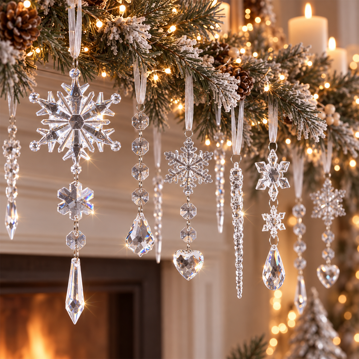 Christmas Decoration Crystal Ornaments, 21Pcs Acrylic Hanging Ornaments, Snowflake Icicle Drop Shaped Decorations for Christmas Tree, Winter Holiday Party