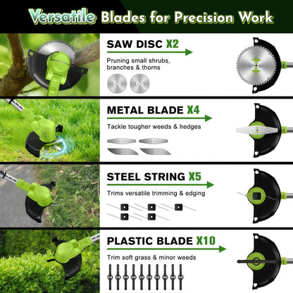 Teblint 650W Electric Weed Wacker, Cordless String Trimmer, Weed Eater Grass Trimmer/Edger/Cutter with Wheels, 2Pcs 21V Batteries, 5 Types of Blades, Adjustable Length for Lawn Yard Garden (Green)