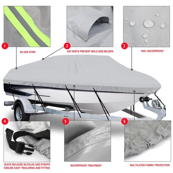 Teblint Waterproof Boat Cover, 17-19ft Trailerable Boat Cover, 420D Heavy Duty Oxford Mooring Cover for V-Hull Boat Runabouts with 5 Straps, Storage Bag (Gray)