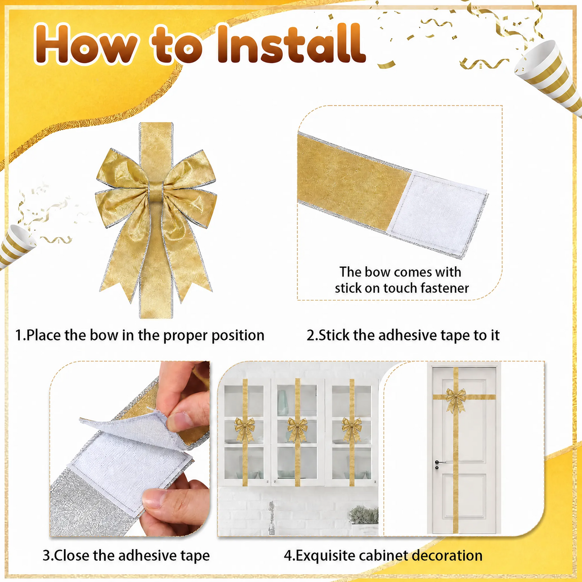 PUCACHI 6 Pcs Christmas Cabinet Door Bows,8x40 Inches Festive Ribbons Large Door Ribbon Party Decorations,for Cabinets Furniture and Kitchen Christmas Party Decorations（Gold）