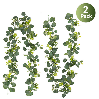 Merryhome 2Pcs 6Ft Artificial Eucalyptus Garland,Spring Garlands,Faux Eucalyptus Leaves Greenery Garland Vines for Table Wedding Centerpiece Arch Mantle Party Indoor Outdoor Decor,Green