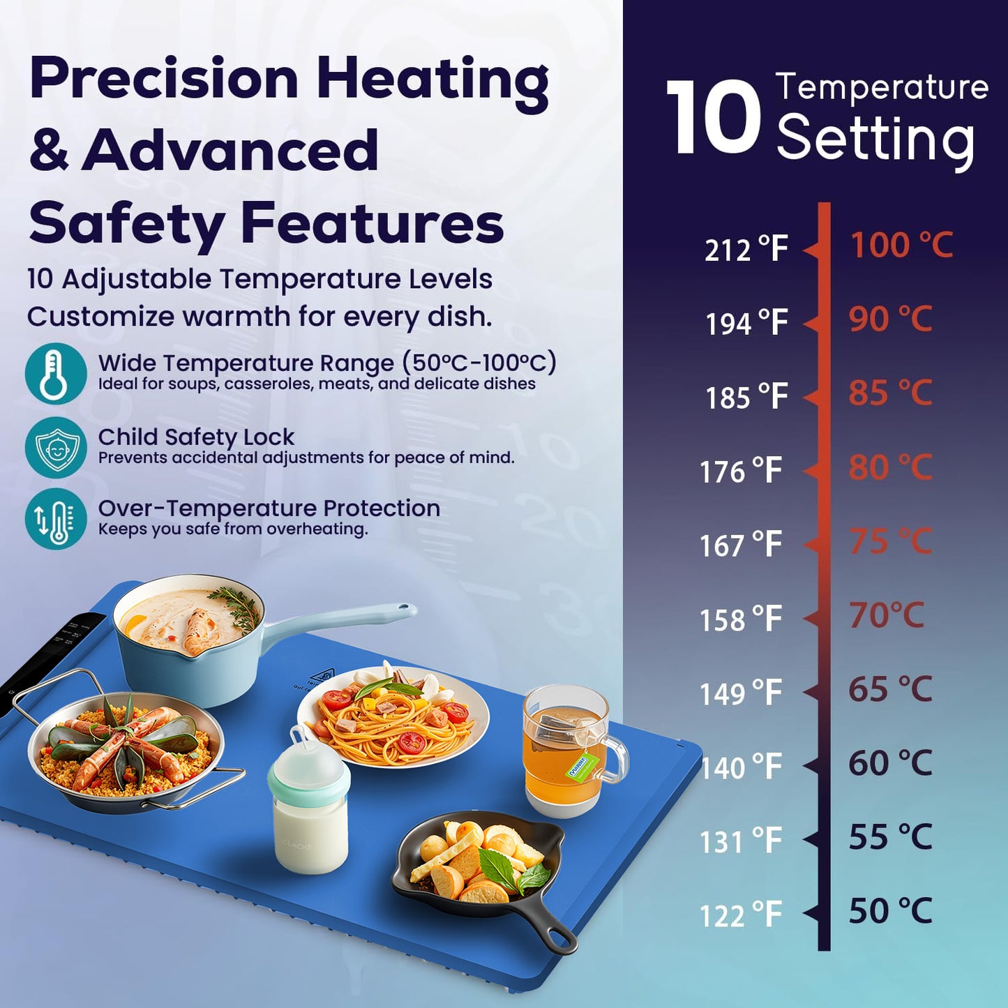 Food Warming Mat with 10 Level Temperature,Warming Mat for Food,Fast Heating Silicone Electric Warming Tray for Party,Family Dinner,Residential,Commercial,Travel（Blue）