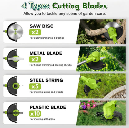 Teblint 800W Electric Weed Wacker, Cordless String Trimmer, Weed Eater Grass Trimmer/Edger/Cutter with Wheels, 2Pcs 21V Batteries, 4 Types of Blades, Adjustable Length for Lawn Yard Garden (Green)