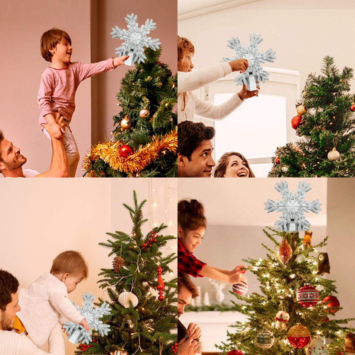 PUCACHI Silver Star Tree Topper with LED Rotating Star Projector Light for Indoor Outdoor Christmas Decoration