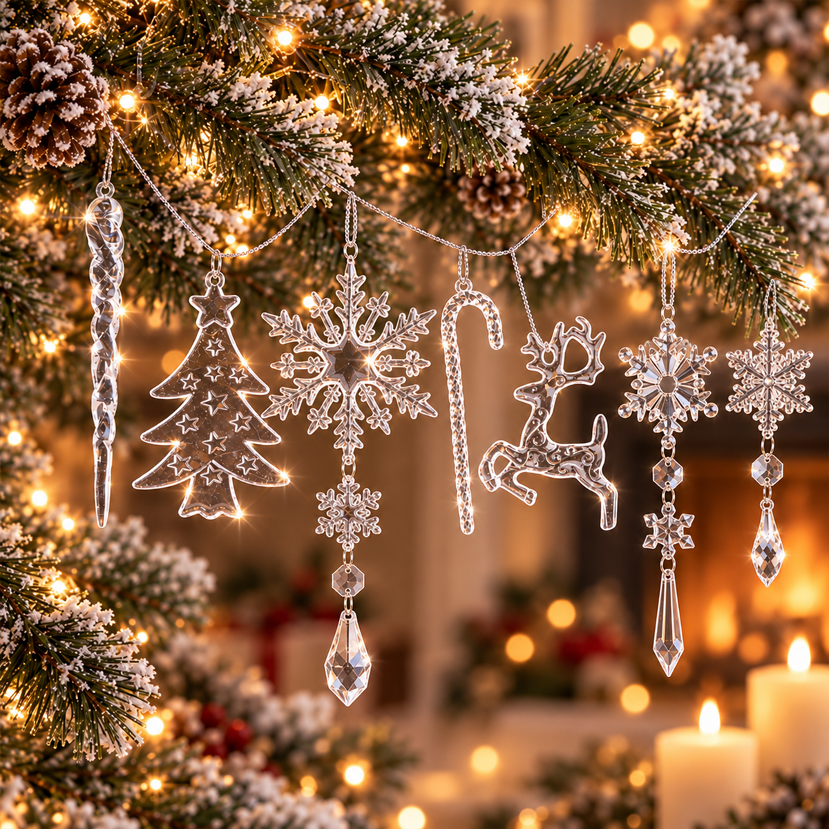 Christmas Decoration Crystal Ornaments, 18Pcs Acrylic Hanging Ornaments, Snowflake Icicle Drop Shaped Decorations for Christmas Tree, Winter Holiday Party