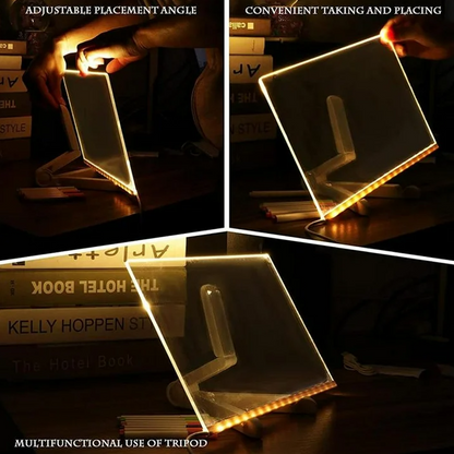 Acrylic Dry Erase Board with Light 7.9 X 7.9in Light up Dry Erase Board with Stand as a Glow Memo LED Letter Message Board led Note Board White Board with 7 Color Pen for Office School Home