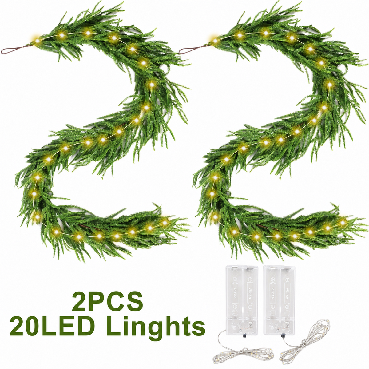 PUCACHI 2 Pcs 6 Ft Christmas Garland,Artificial Norfolk Pine Garlands with 40 LED Lights,Artificial Greenery Garland for Table,Mantle,Window,Indoor,Outdoor Christmas Decorations（Green）