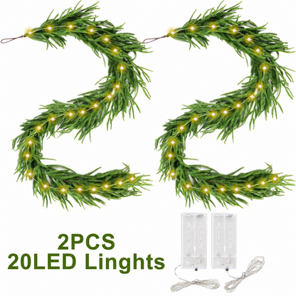PUCACHI 2 Pcs 6 Ft Christmas Garland,Artificial Norfolk Pine Garlands with 40 LED Lights,Artificial Greenery Garland for Table,Mantle,Window,Indoor,Outdoor Christmas Decorations（Green）
