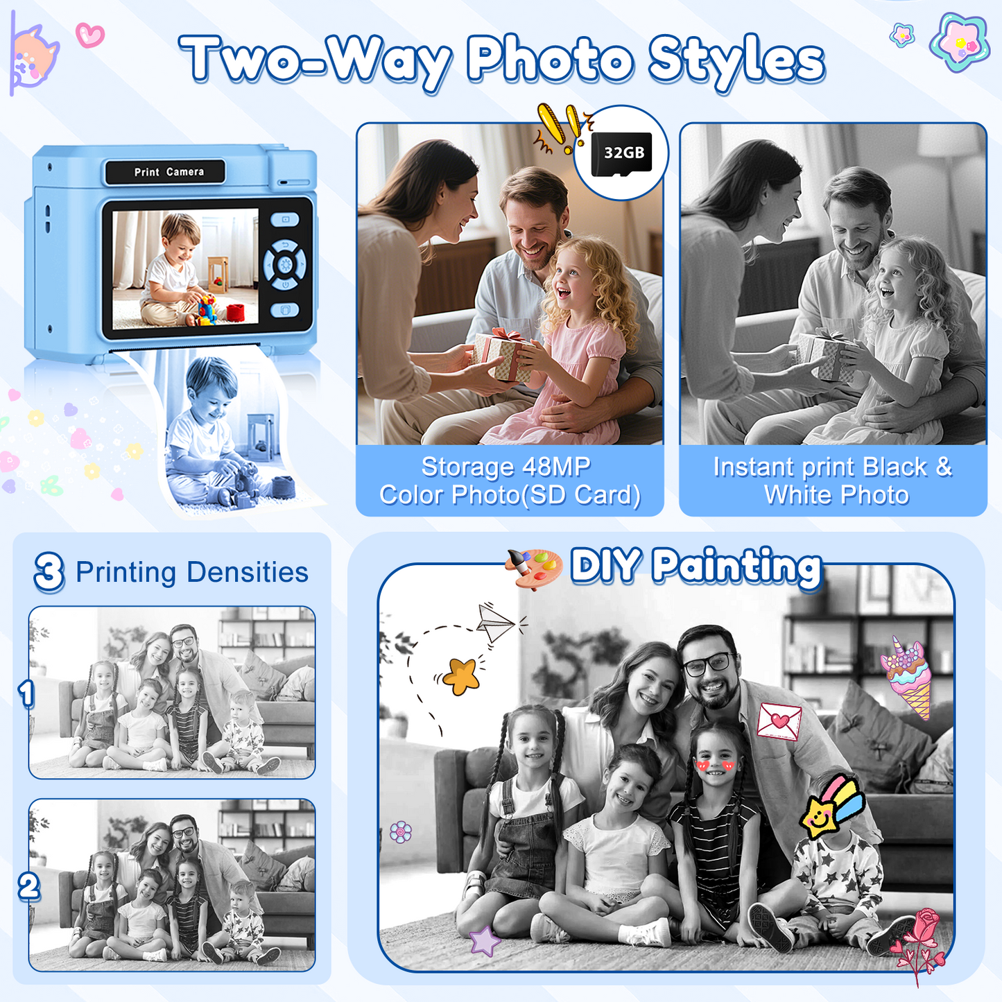 Teblint 2.4" Kids Camera Instant Print, 48MP & 1080P HD Digital Camera with 32GB Card, 4-Color Print Paper, Christmas Birthday Gifts for Boys & Girls Age 3-12, Blue